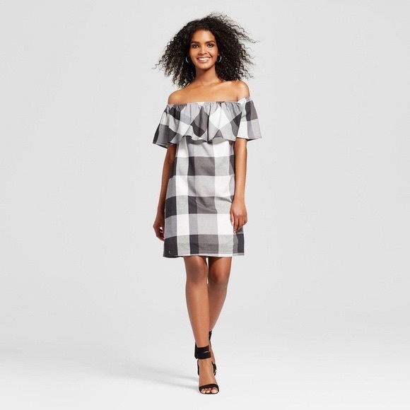 off shoulder plaid dress